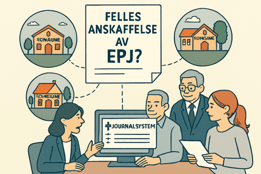 KI generert illustrasjonstegning fire mennesker rundt en pc-skjerm med en tekst over "felles anskaffelse av EPJ" og tenkebobler av private boliger - Klikk for stort bilde